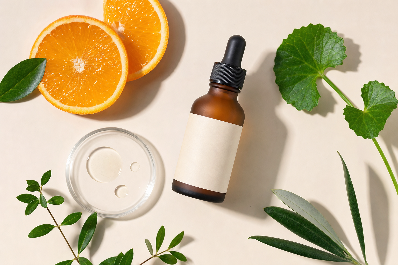 Serum surrounded by fresh ingredients